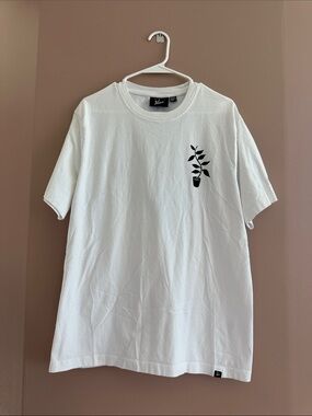 White Crewneck Tee with Minimal Plant Print by